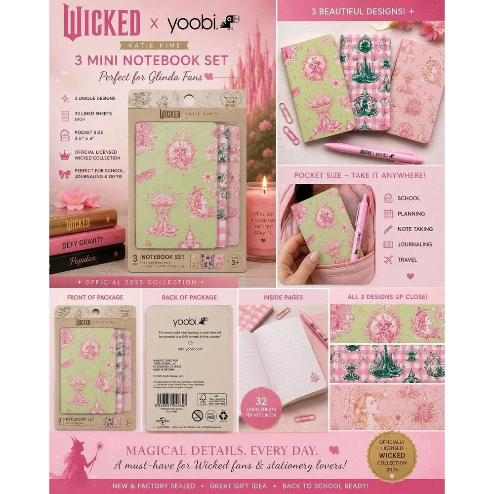 NWT Wicked Katie Kime Yoobi 3 Mini Notebook Set Glinda Pink Journal Gift School